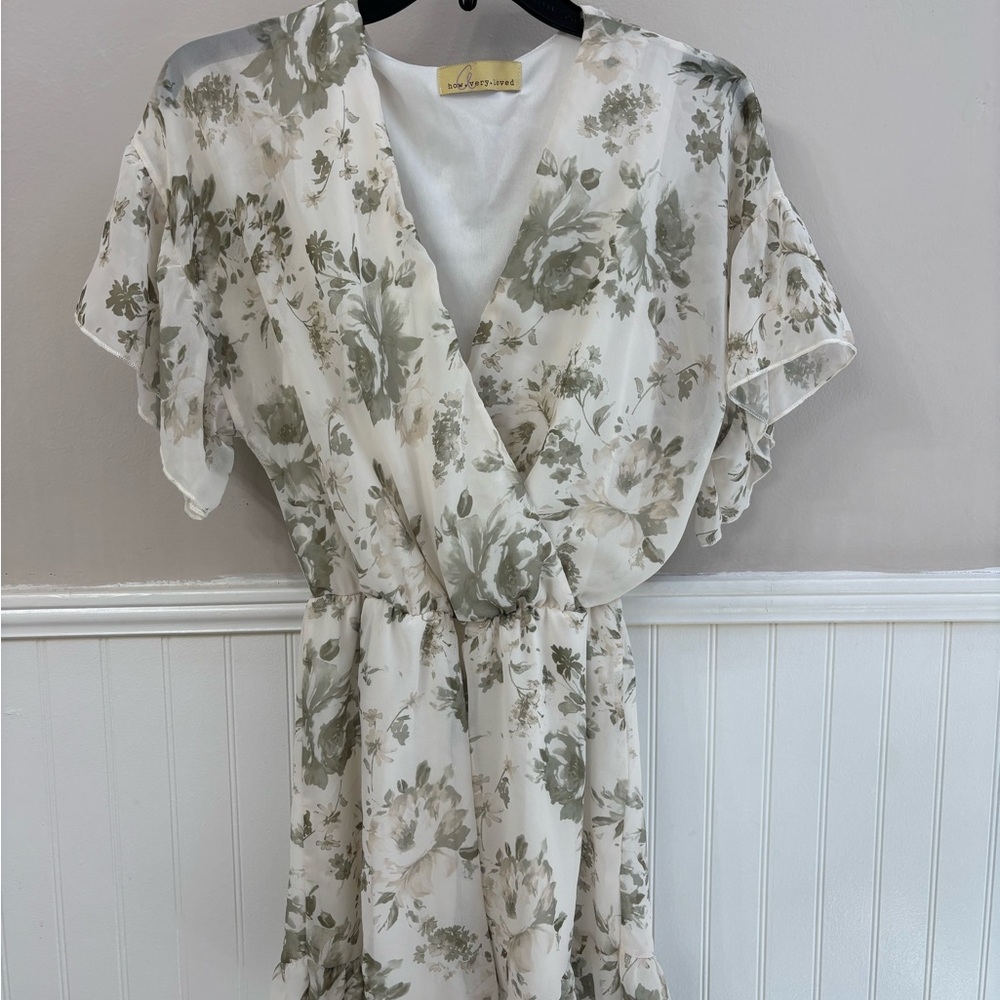 Floral Wrap Midi Dress in Sage Green on Cream